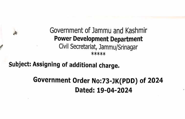'Government assigns additional charge of Chief Engineer, Distribution to Manhar Gupta; Rahilla Wani MD JKPTCL'