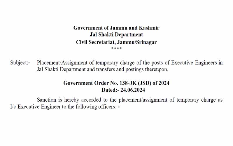 'Govt. orders placement of 11 AEE’s as Executive Engineer in Jal shakti department'
