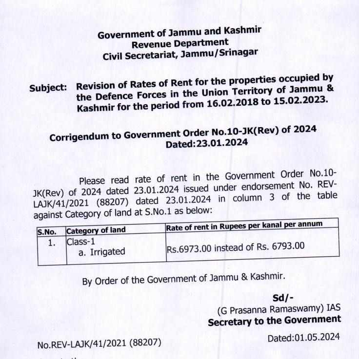 'Revision of Rent for the properties occupied by the Defence Forces in the UT of J&K'