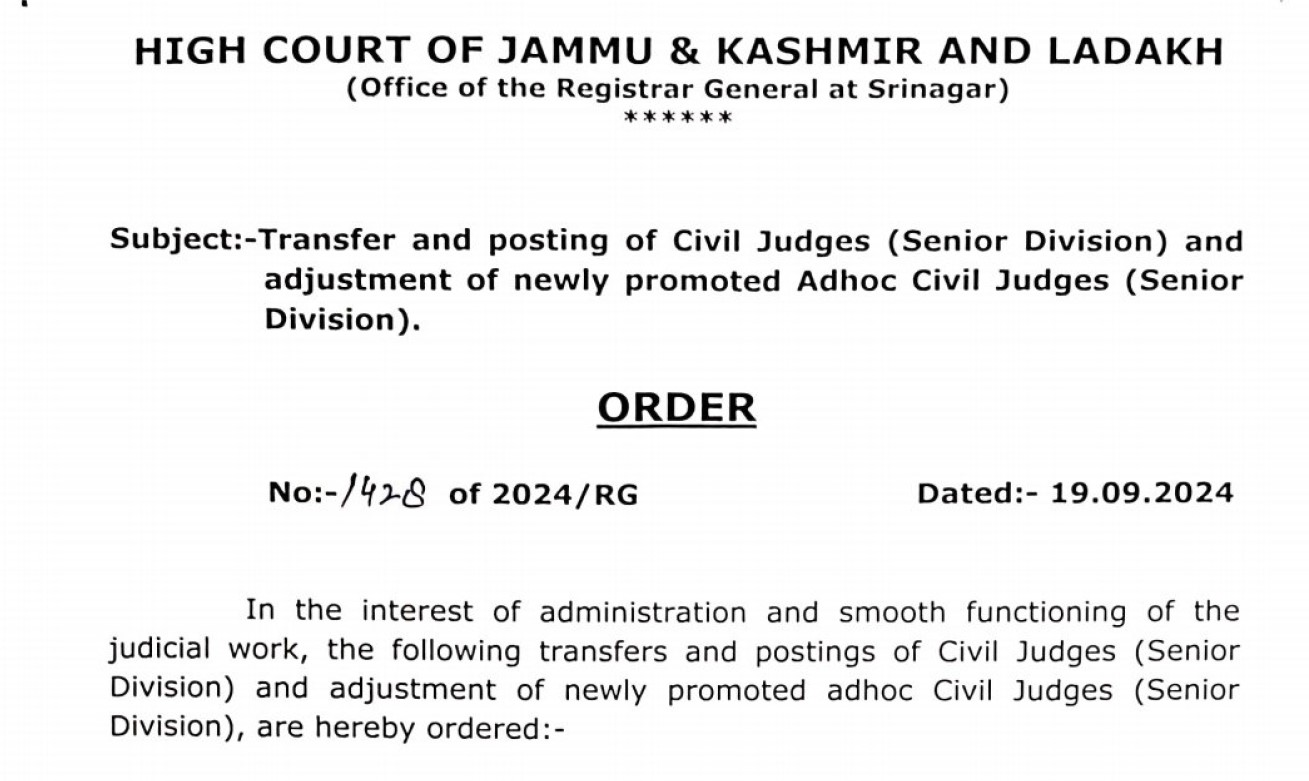 'High Court of J&K and Ladakh ordered transfer and adjustment of 26 Civil Judges'