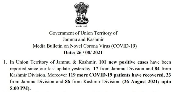 J&K reports 101 new COVID-19 cases no deaths in the last 24 hours