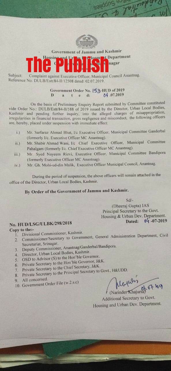 CEO Pahalgam among four EOs of Municipal Committees suspended for financial irregularities