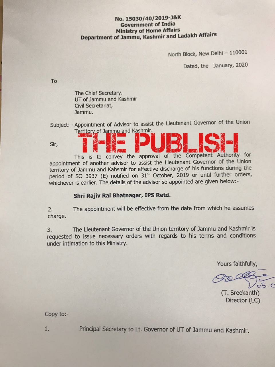 Rajeev Rai Bhatnagar Appointed Advisor to Lt Governor of J&K
