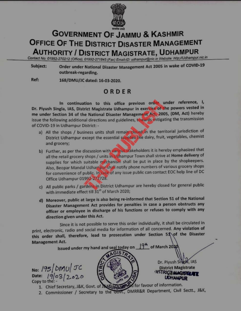 DC Udhampur orders closure of All shops except Medical, Groceries and Vegetable stores  