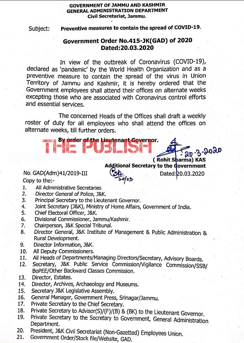 Government Officers to attend office on alternate weeks in view of Coronavirus outbreak