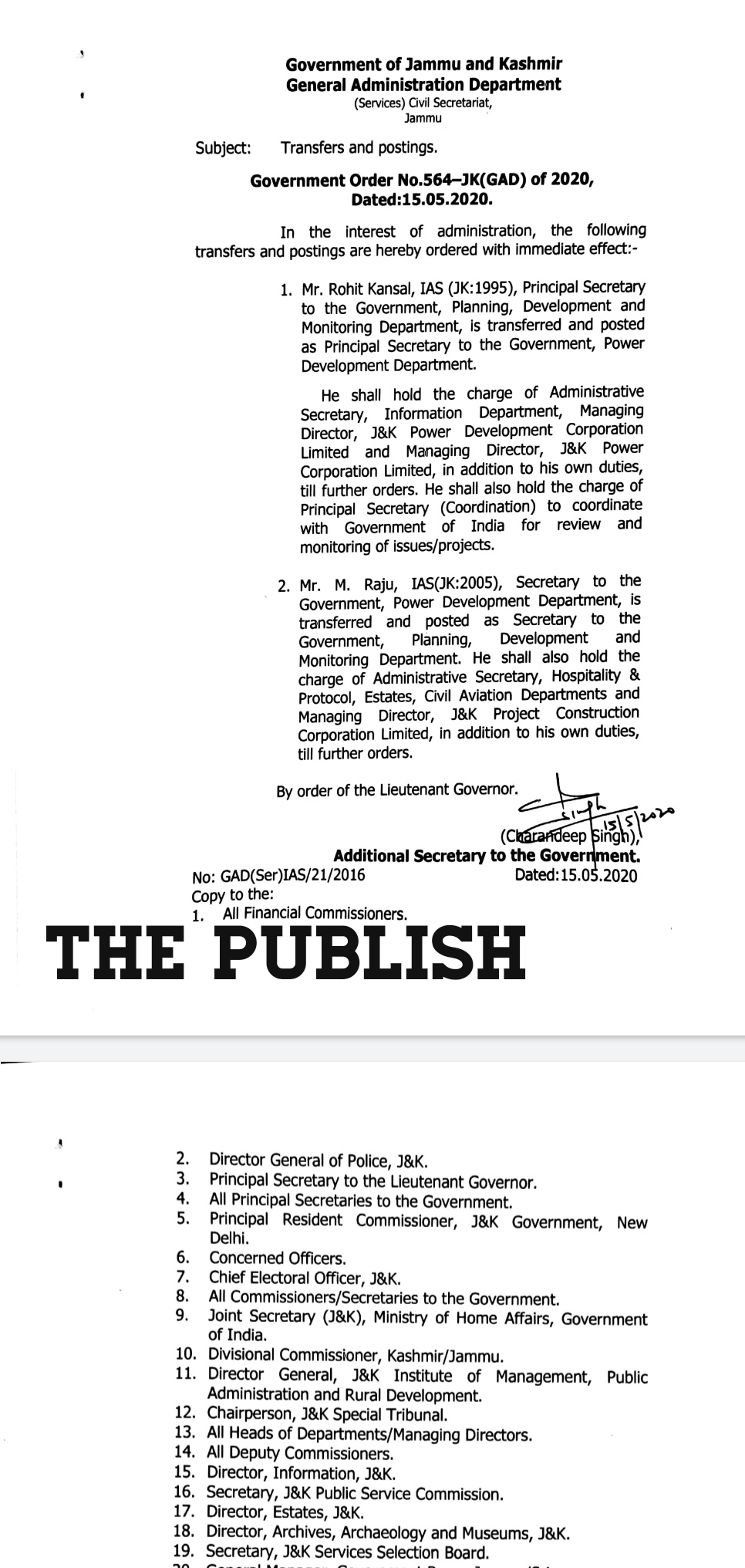 Kansal posted as Principal Secretary Power, M Raju shifted to Planning 
