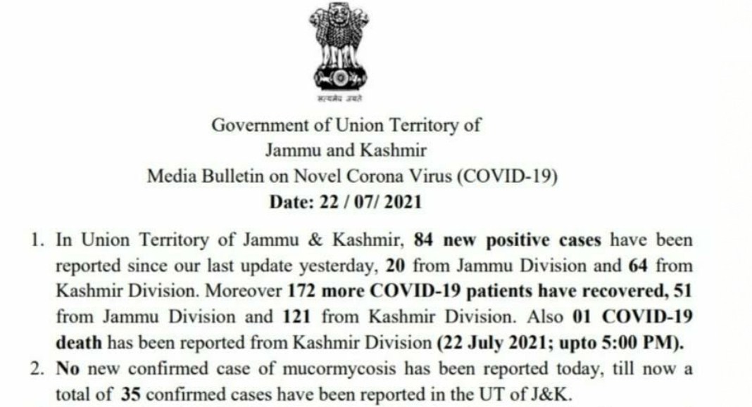 J&K reports 84 new COVID cases and 01 deaths in the last 24 hours