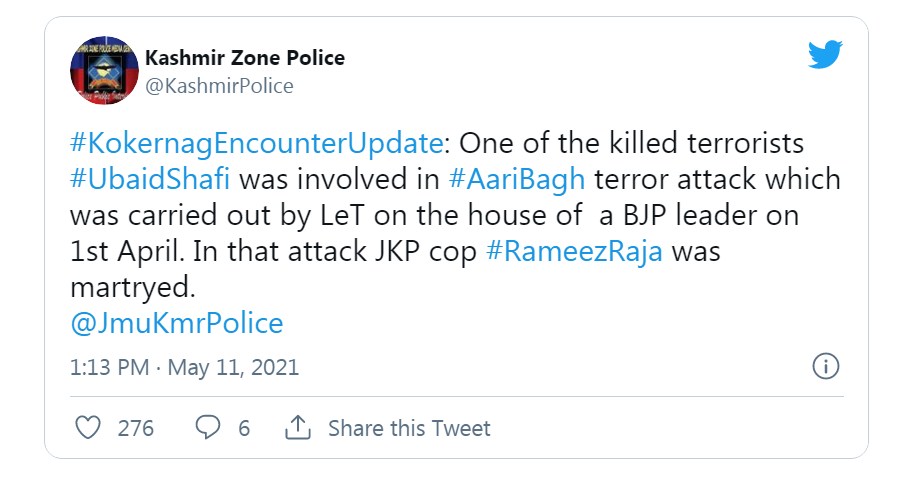 Terrorist involved in attack on BJP leader’s house killed in Anantnag encounter