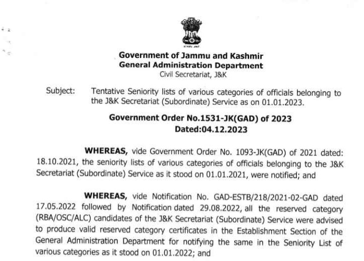 Tentative Seniority lists of various categories of officials belonging to the JK Secretariat Subordinate Service as on 01-01-2023