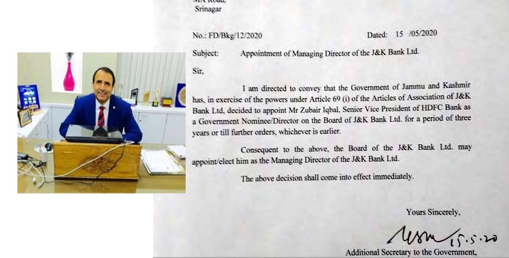 HDFC Senior VP Zubair Iqbal to be New MD of J&K Bank, RK Chibber to be Chairman for 3 Years