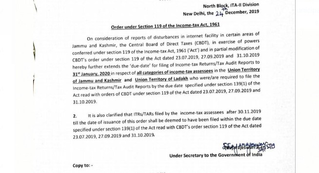 CBDT extends Last date of filing returns to 31 st January for UTs of Ladakh and J&K