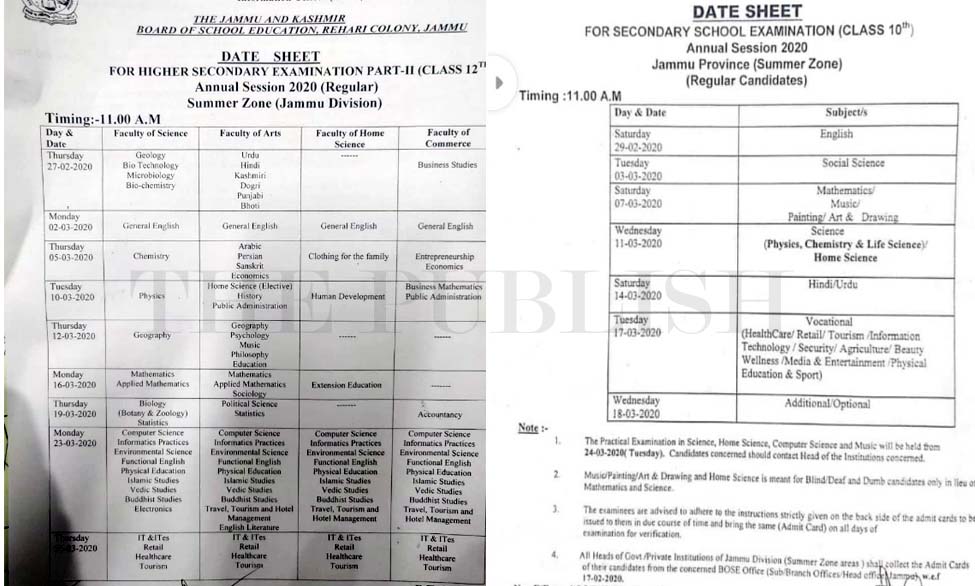 J&K board issues Datesheet for 12th and 10th class Examination for Jammu