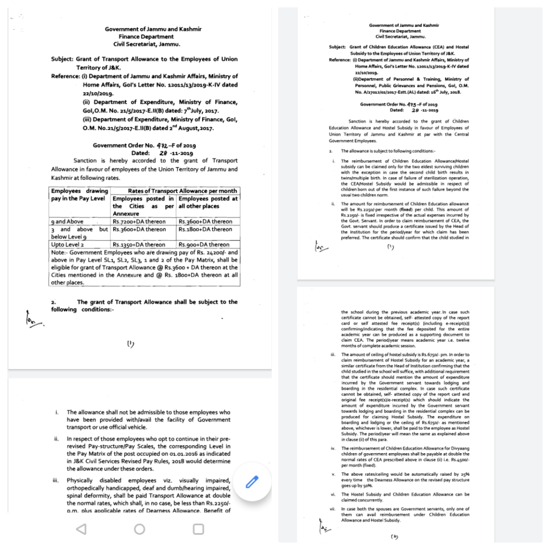 Government grants Transport allowance and Children Education allowance to Employees of UT of J&K