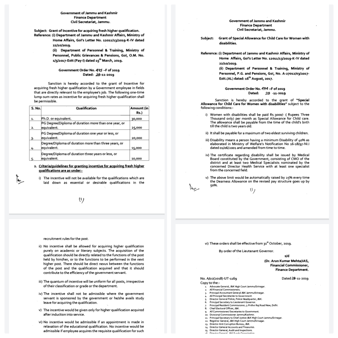 Government grants incentive for acquiring Higher qualification and special allowance for Child Care for woman with disability