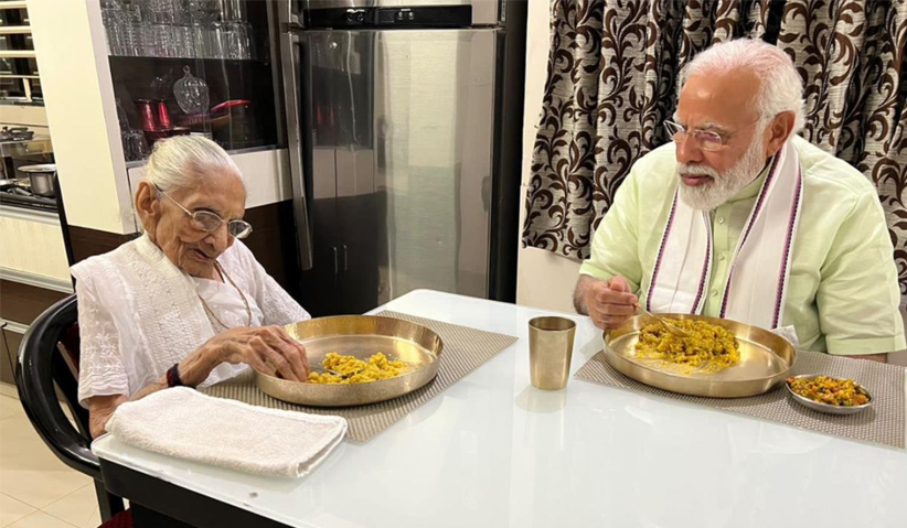 Gujarat: Prime Minister Narendra Modi meets his mother Heeraben Modi at her residence, in Gandhinagar