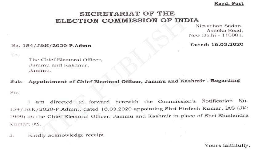 Hirdesh Kumar appointed as Chief Electoral Officer, J&K UT, Massive reshuffle likely in State administration