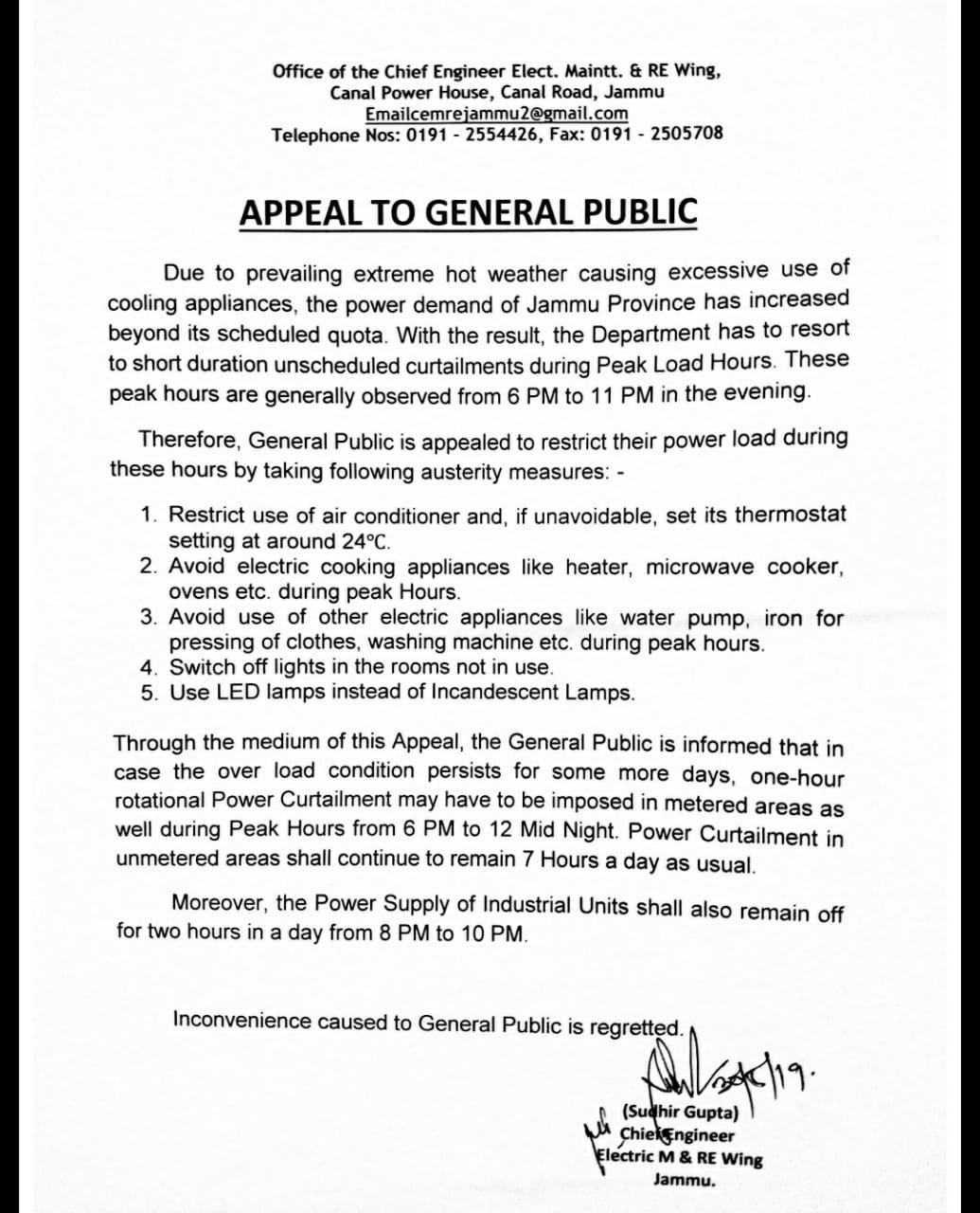 Chief Engineer PDD Appeals for judicious use of electricity during peak hours.