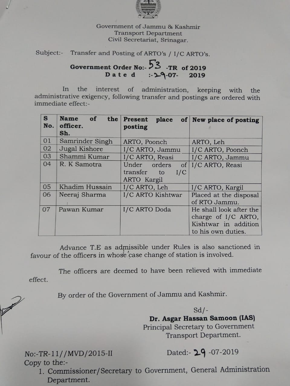 Government orders Transfers and Postings of ARTOs 
