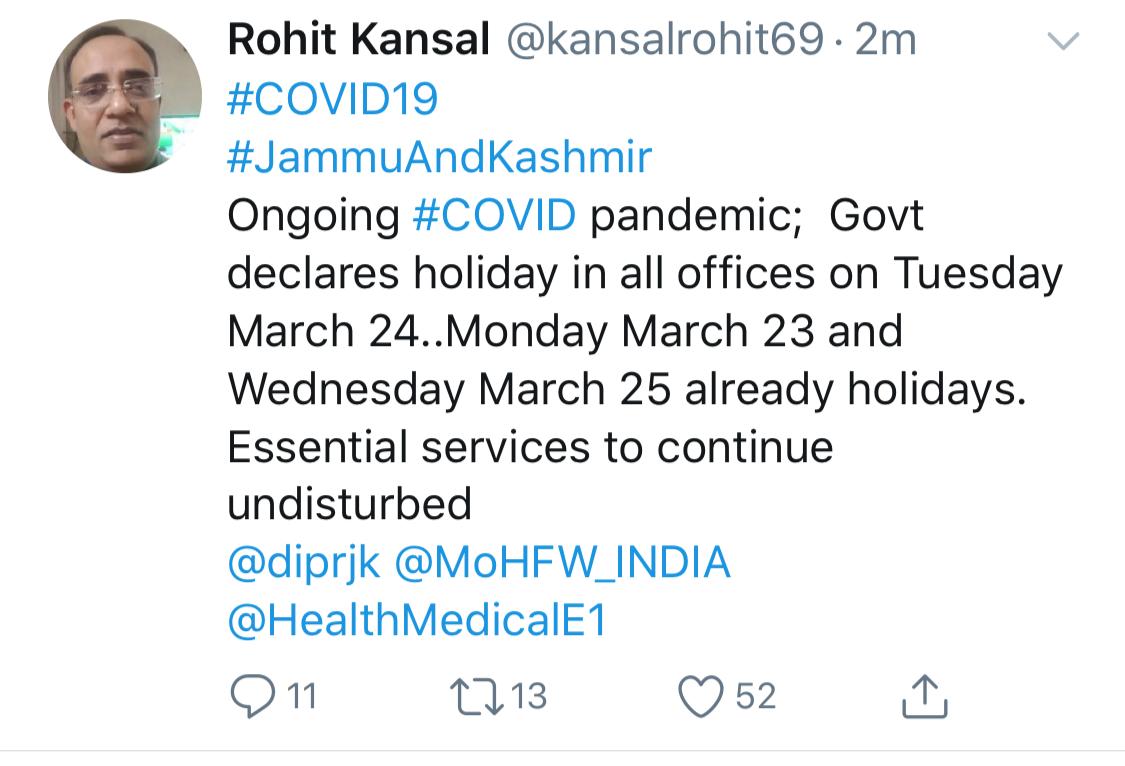 J&K Government announce holiday till 25th March, Essential services to continue