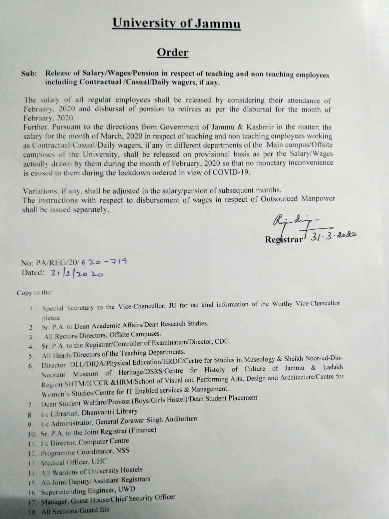 Jammu University orders release of salaries of Casual/Contractual/Daily wager 