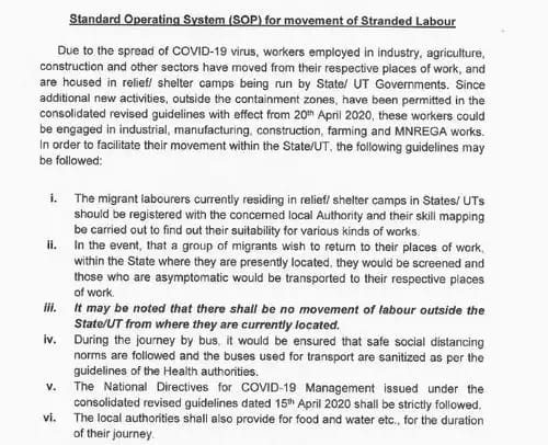 MHA issues SOP for movement of Migrant Labours, No inter state/UT movement allowed 