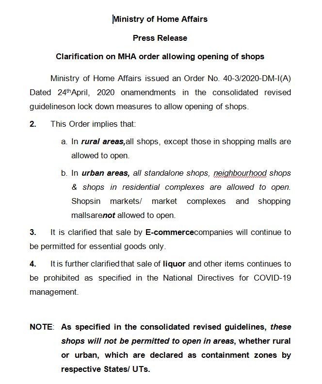 No markets to open in Urban areas, Liquor shops to remain closed; MHA Clarifies 