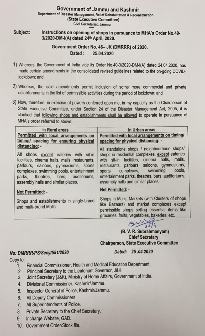 J&K Government permits Shops selling non-essential items to open from Sunday except Shopping Malls 
