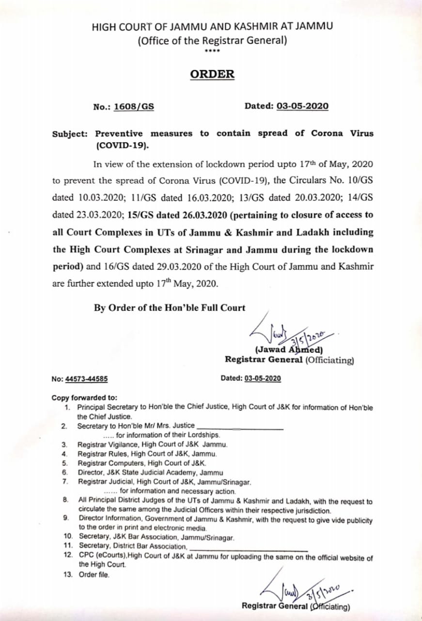 Covid-19: High Court of J&K Extends closure of access to all Court Complexes till 17th May 