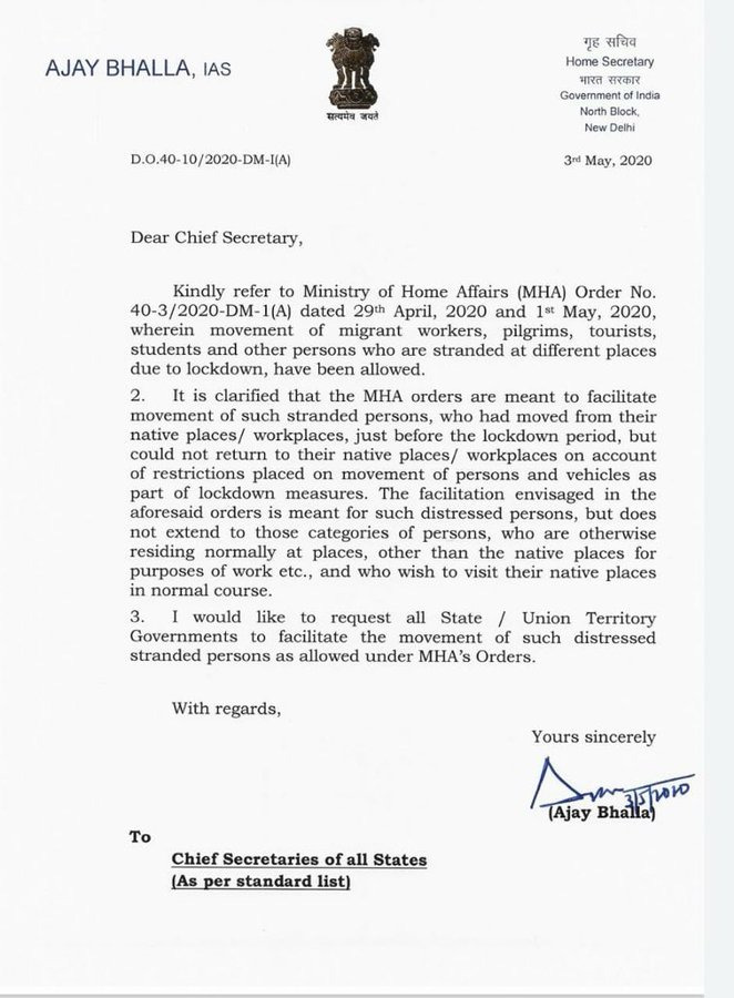 MHA amends it's order on stranded Persons, only distressed persons who left before Lockdown allowed 