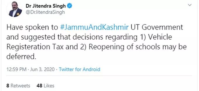 Reopening of Schools, Vehicle Registration Tax in J&K may be deferred, suggests Dr. Jitendra Singh