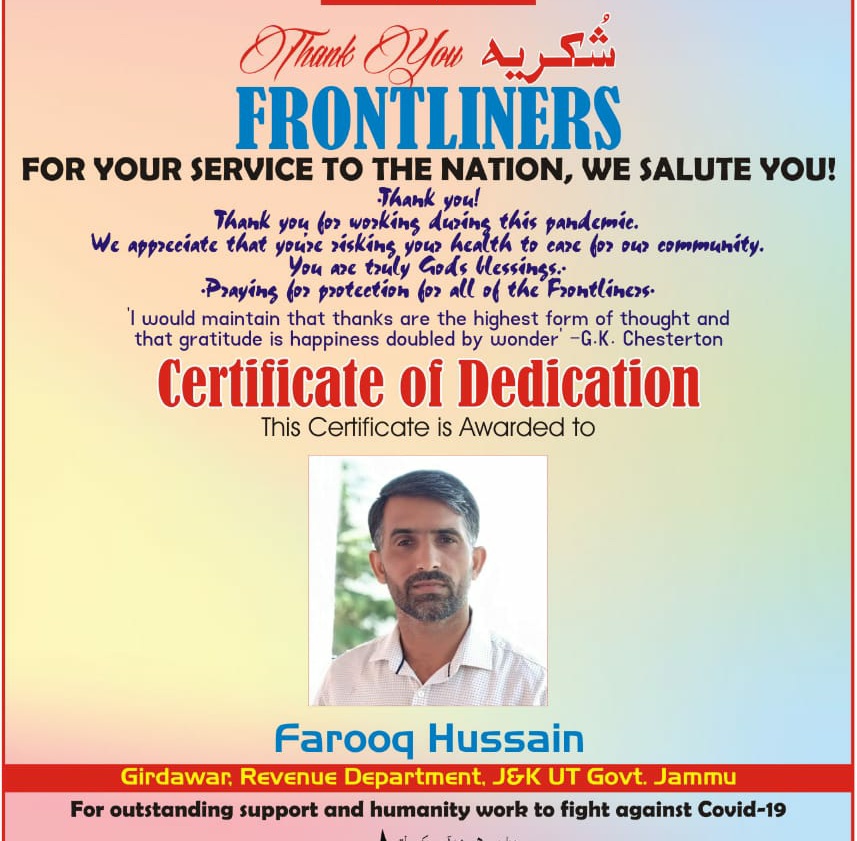 Revenue Officer Farooq Hussain Felicitated for his services during Covid-19 