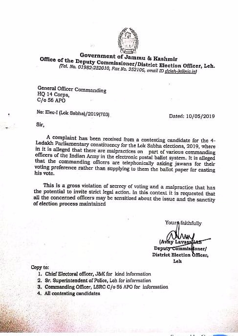 Complaint received by LEH DC of a contesting Lok Sabha Candidate; alleges, "Army officers breaking the secrecy of voting ."