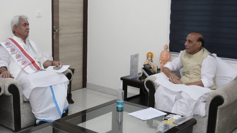 LG Manoj Sinha calls on Defence Minister Rajnath Singh in New Delhi