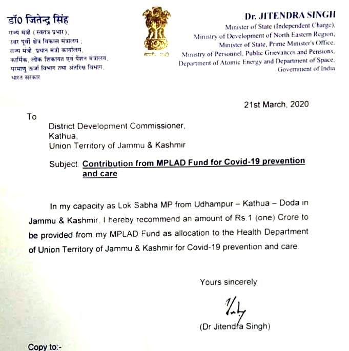Jitendra Singh contributes 1 Crore from MPLAD fund for J&K to fight Coronavirus