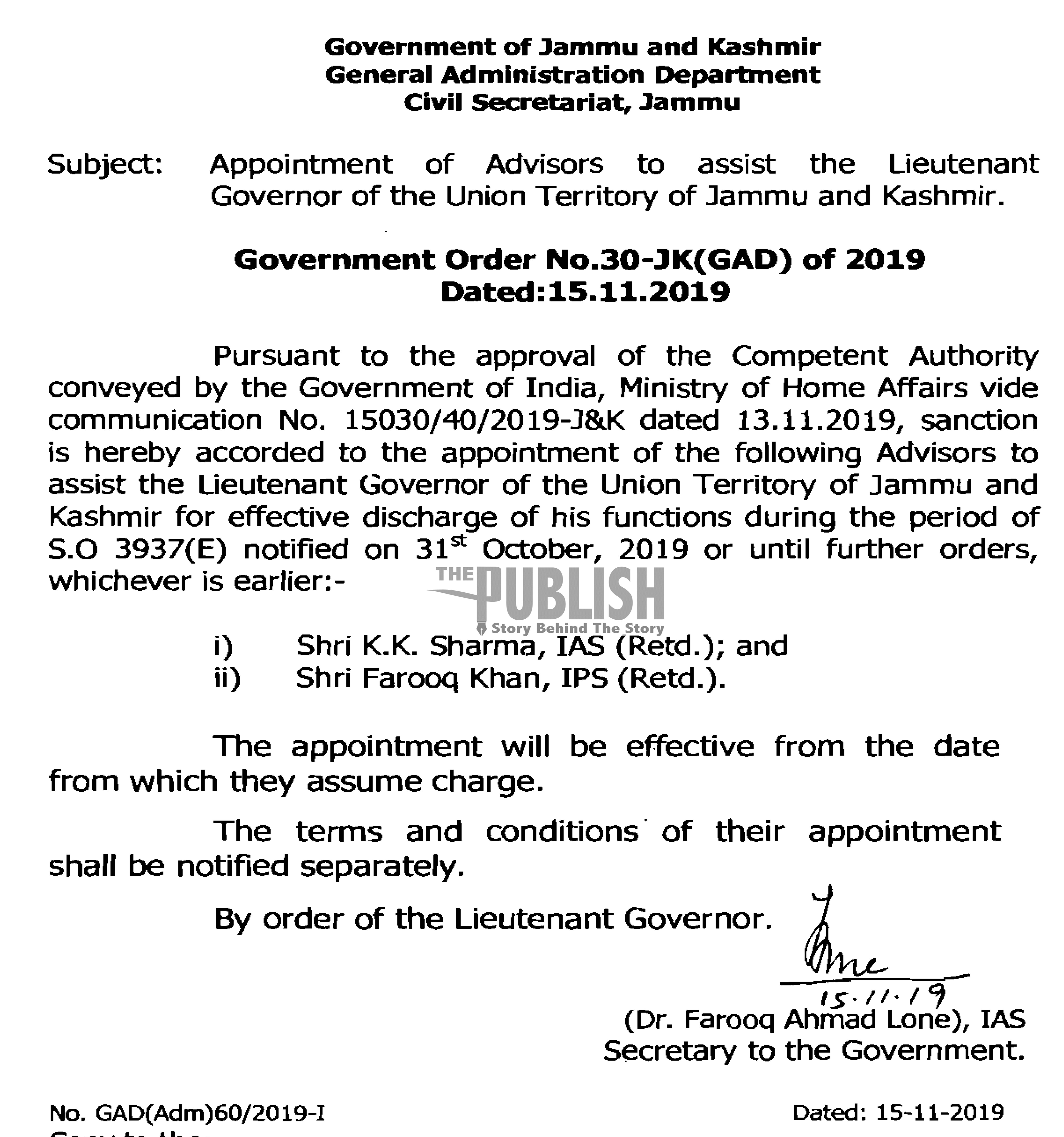Government issues appointment order of Sh. Farooq Khan and K K Sharma as Advisors to L-G of J&K