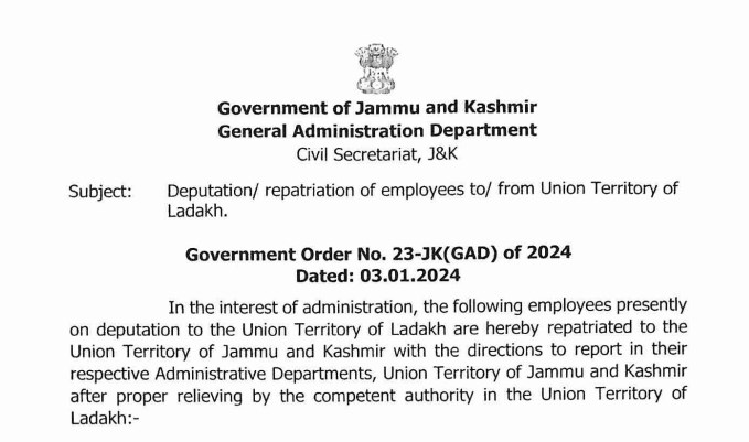 Deputation/repatriation of employees to/from Union territory of Ladakh