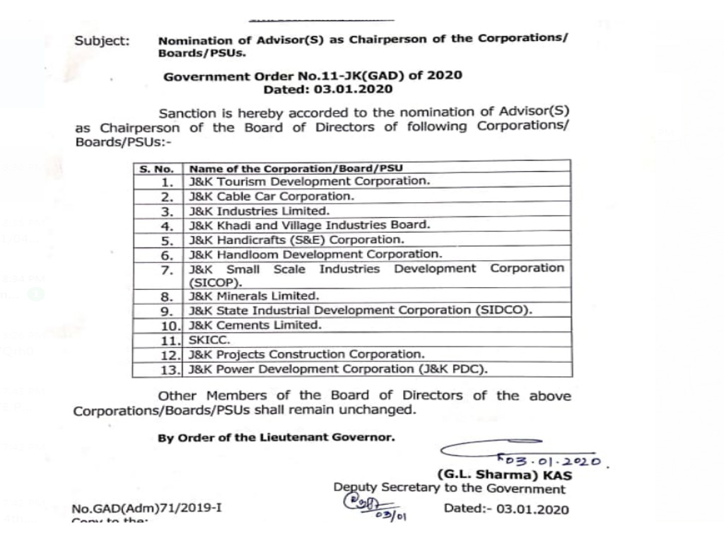Advisor K K Sharma Appointed Chairperson of J&K Power Development Corporation among 13 others