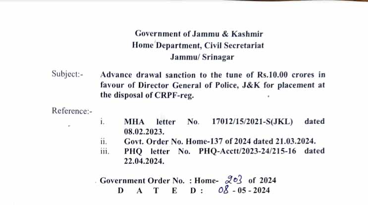 Government sanctions 10 crore for improvement of CRPF installations in J&K