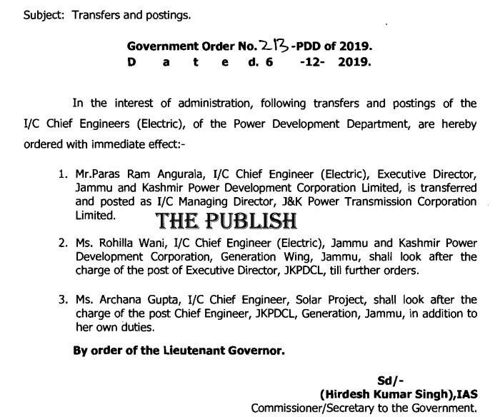 Government orders Transfers and postings of Chief Engineers in Power Corporations