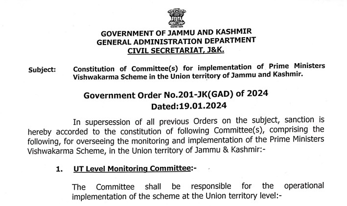 Constitution of Committees for implementation of Prime Ministers Vishwakarma Scheme in the Union territory of J&K