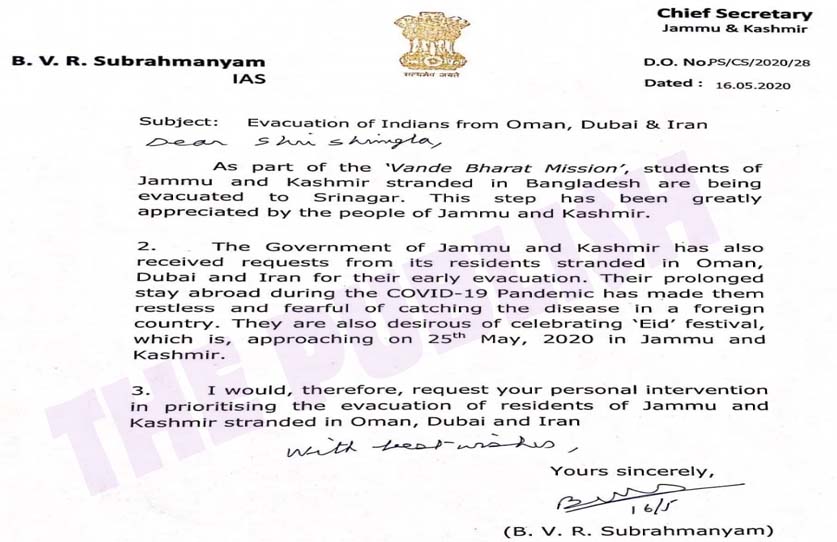 CS writes to Foreign Secretary, seeks evacuation of J&K residents from Oman, Dubai, Iran