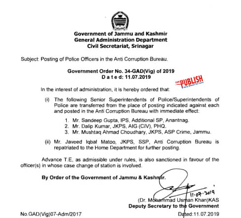Postings of Police Officers in the Anti Corruption Bureau 