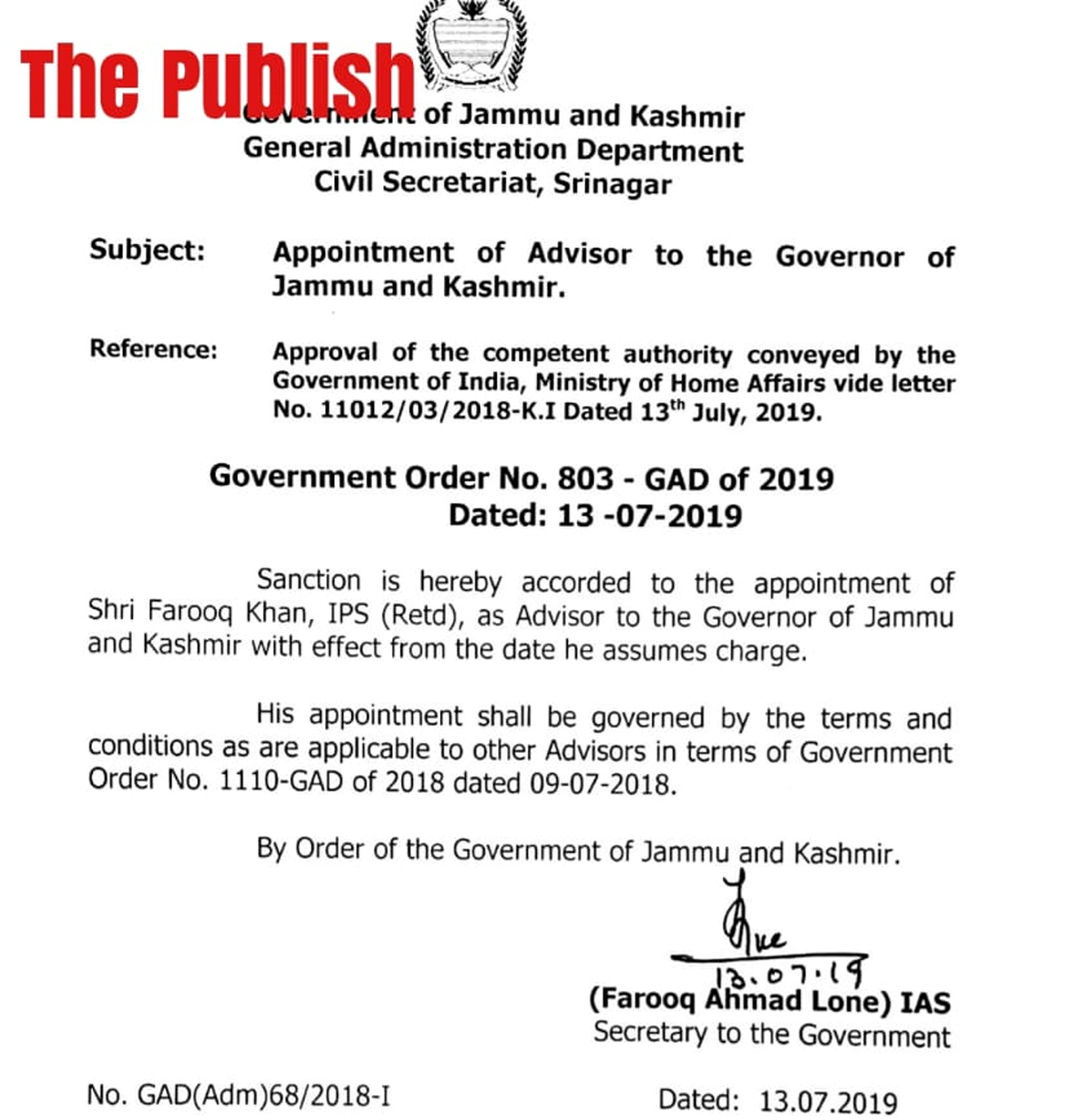 Farooq Khan Appointed Advisor to Governor , Reaching Jammu tomorrow