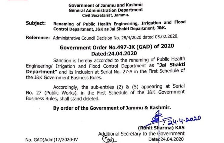 J&K govt renames PHE I&FC as ‘Jal Shakti Department’