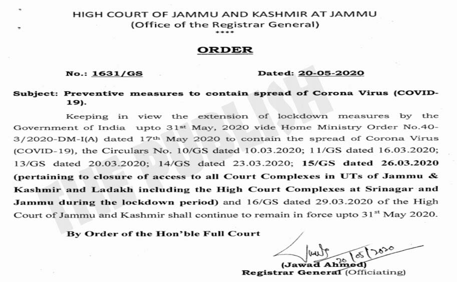 Courts in J&K to remain closed till 31st May