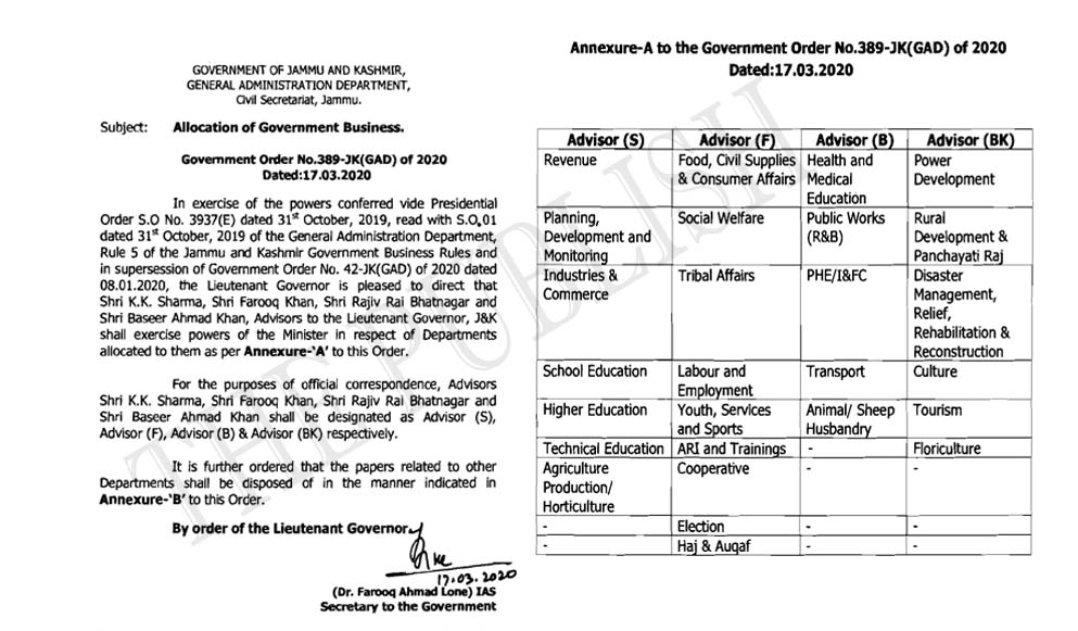 L-G distributes portfolios among Advisors : Newly Appointed Baseer Khan gets Power, RDD and Tourism