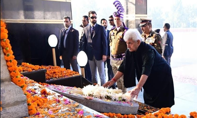 On the occasion of 'Police Commemoration Day' Lt Governor, Shri Manoj Sinha paid tributes to the martyred personnel of the Police and CAPFs at the Martyrs’ Memorial Zewan