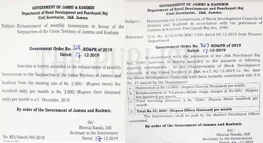 Honorarium for BDC Chairpersons fixed at 15000, Sarpanches increased to 3000   