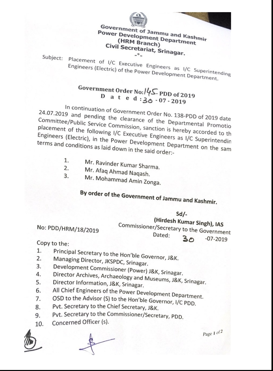 3 Executive Engineers promoted as Superintending Engineers in PDD