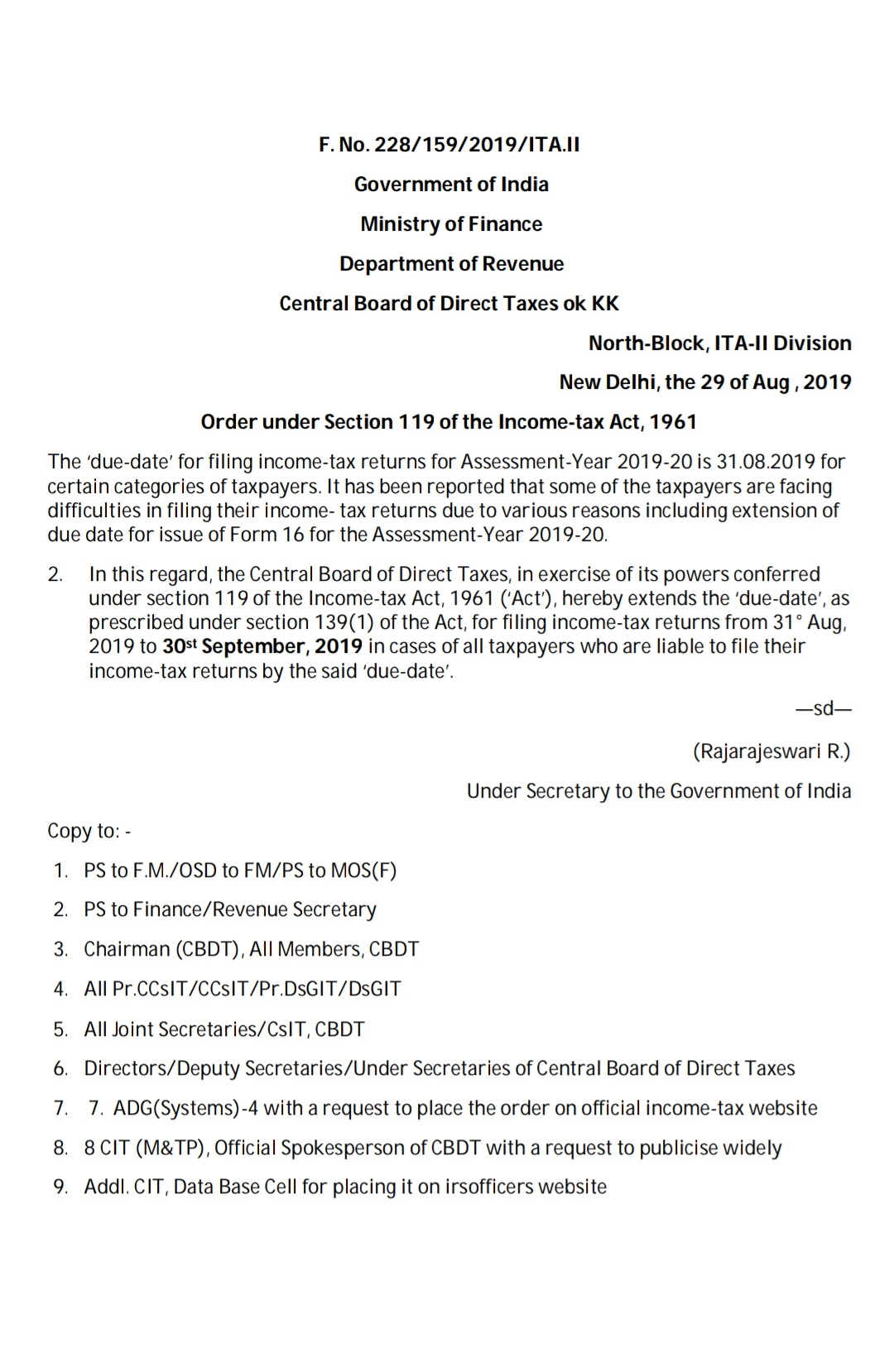Last date of filing Income Tax return for the year 2019-20 has bren extended upto 30th September 